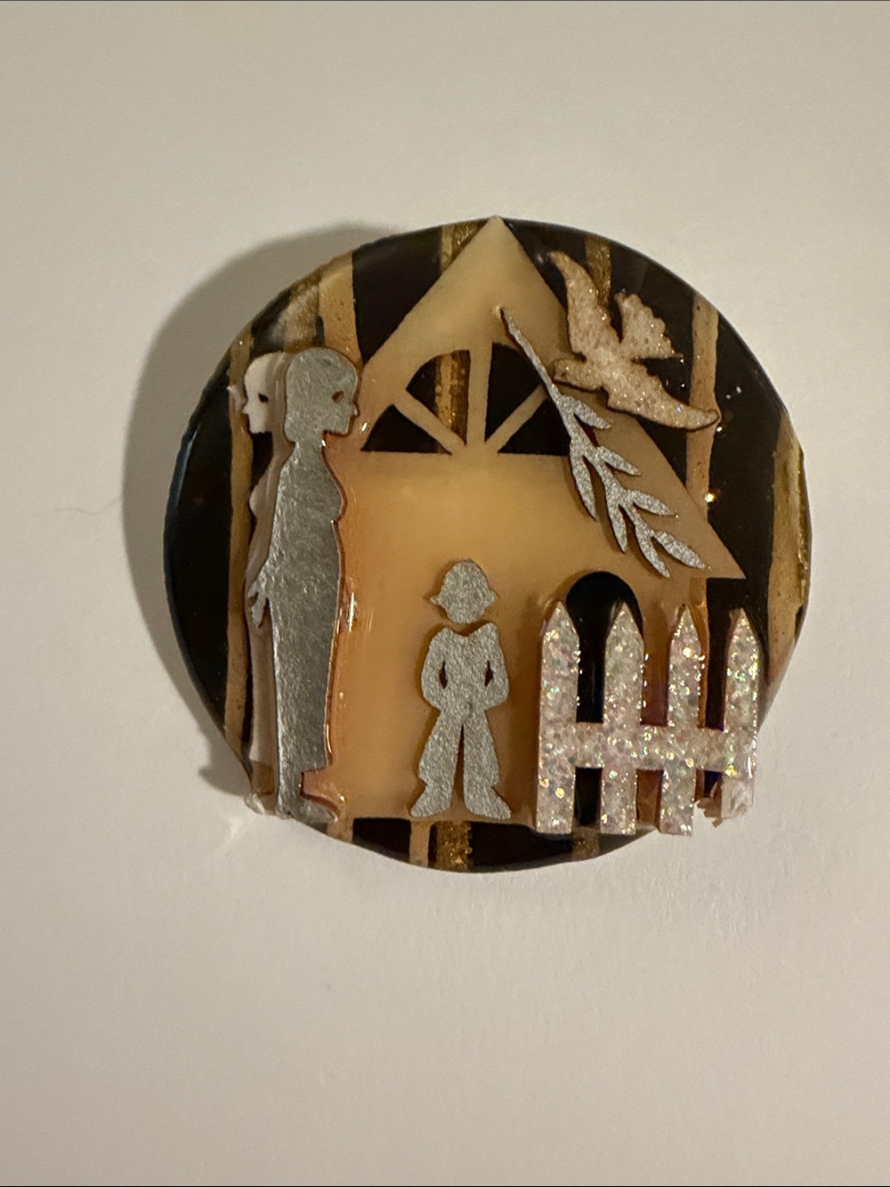 Handcrafted Family domestic violence  Motif Brooch in Black, Cream & Silver